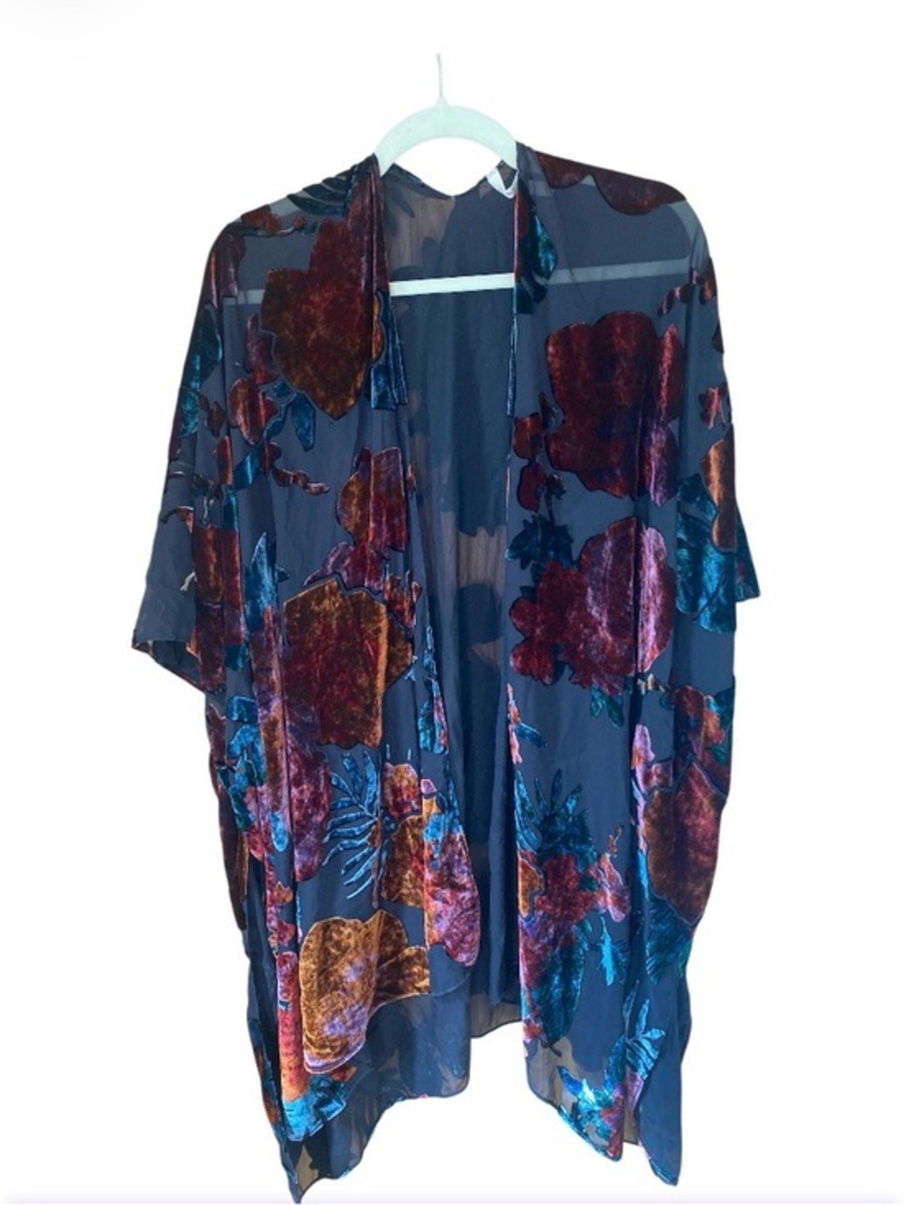 Soft Surroundings unique print Navy Floral Velvet Kimono Jacket size One